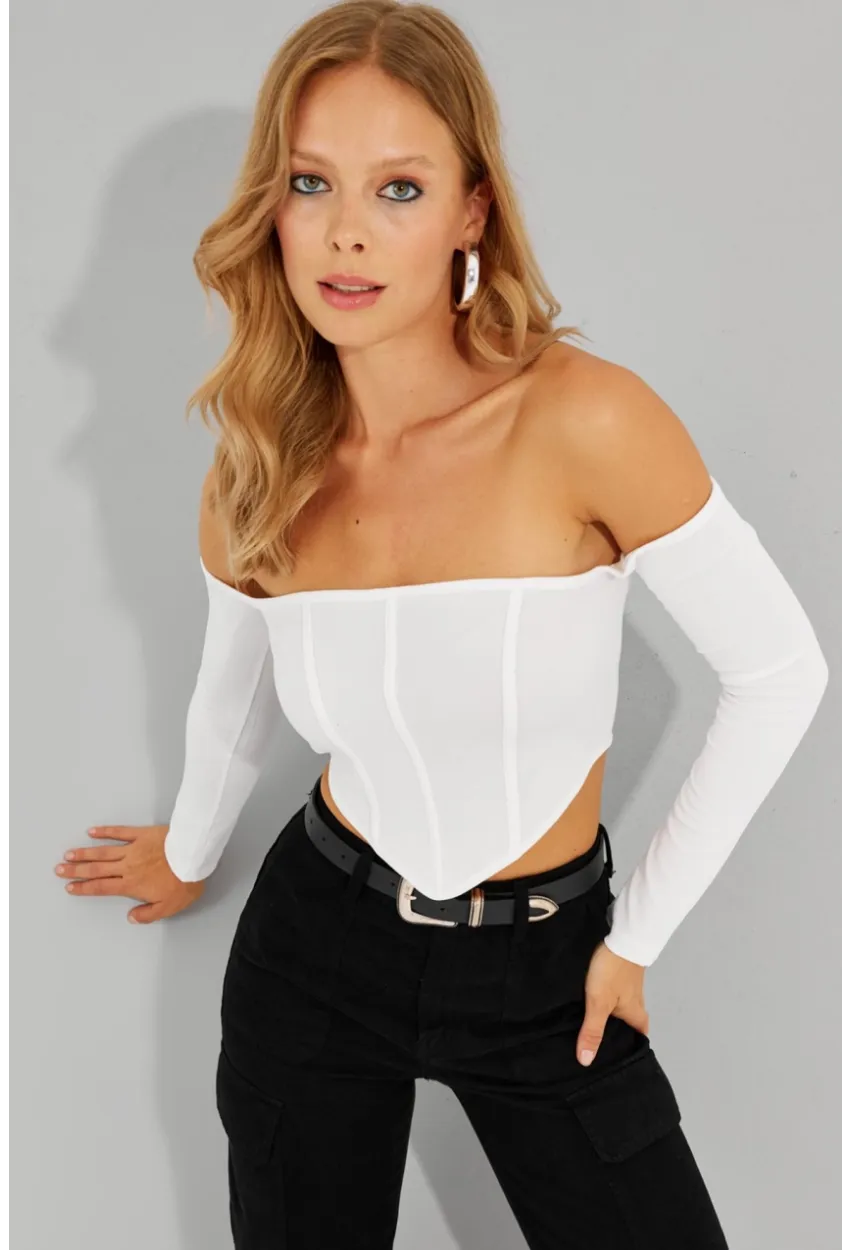 Kadın Beyaz Sırt Fermuarlı Crop Bluz CG312