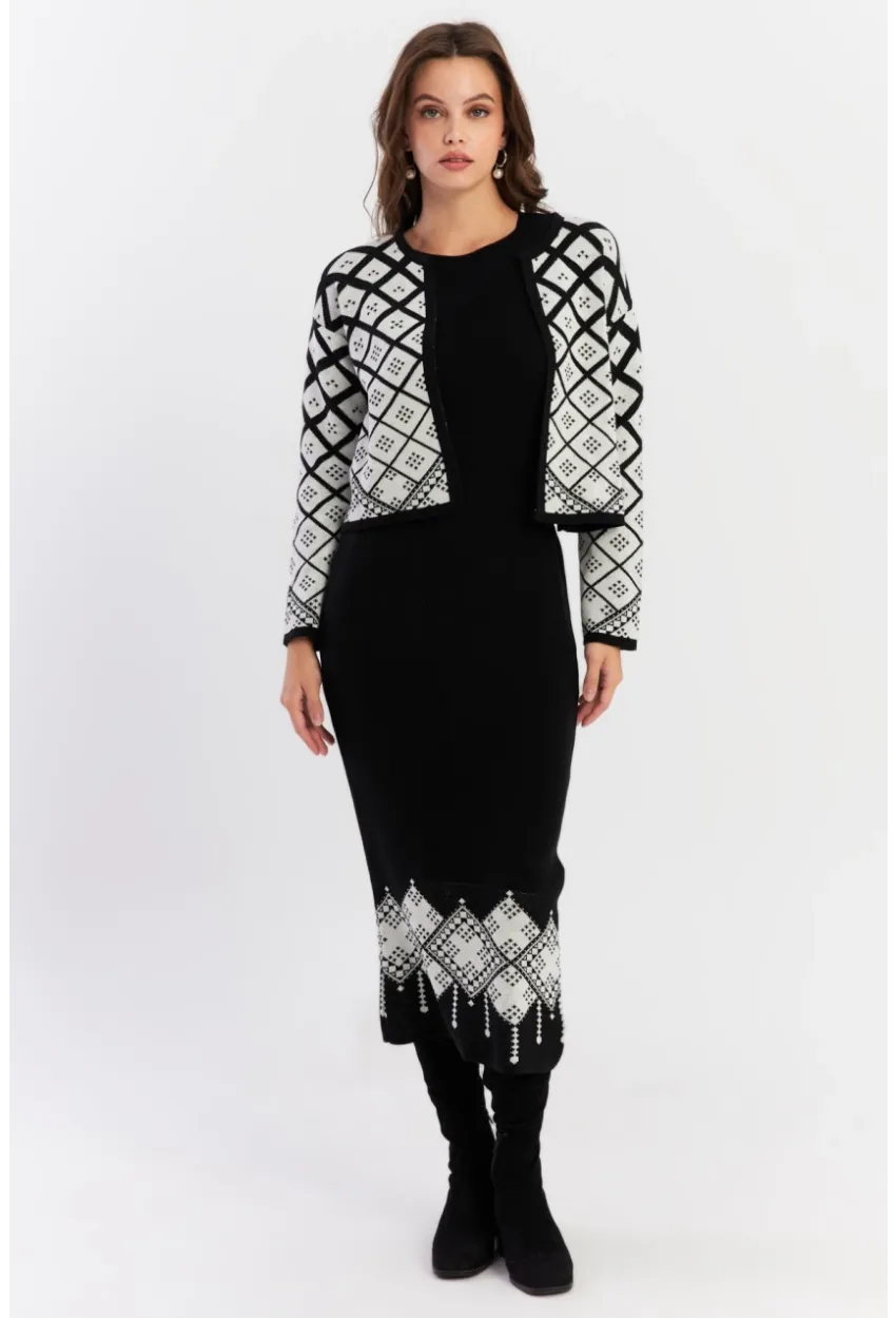 Kadın Beyaz-Siyah Desenli İkili Triko Takım NUV42