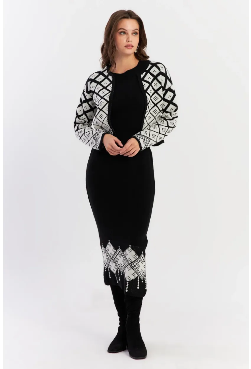 Kadın Beyaz-Siyah Desenli İkili Triko Takım NUV42