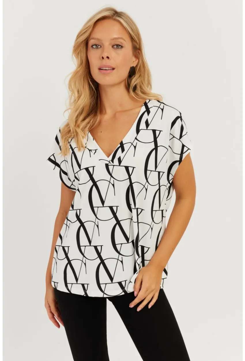Kadın Beyaz-Siyah V Yaka Desenli Bluz AYD293
