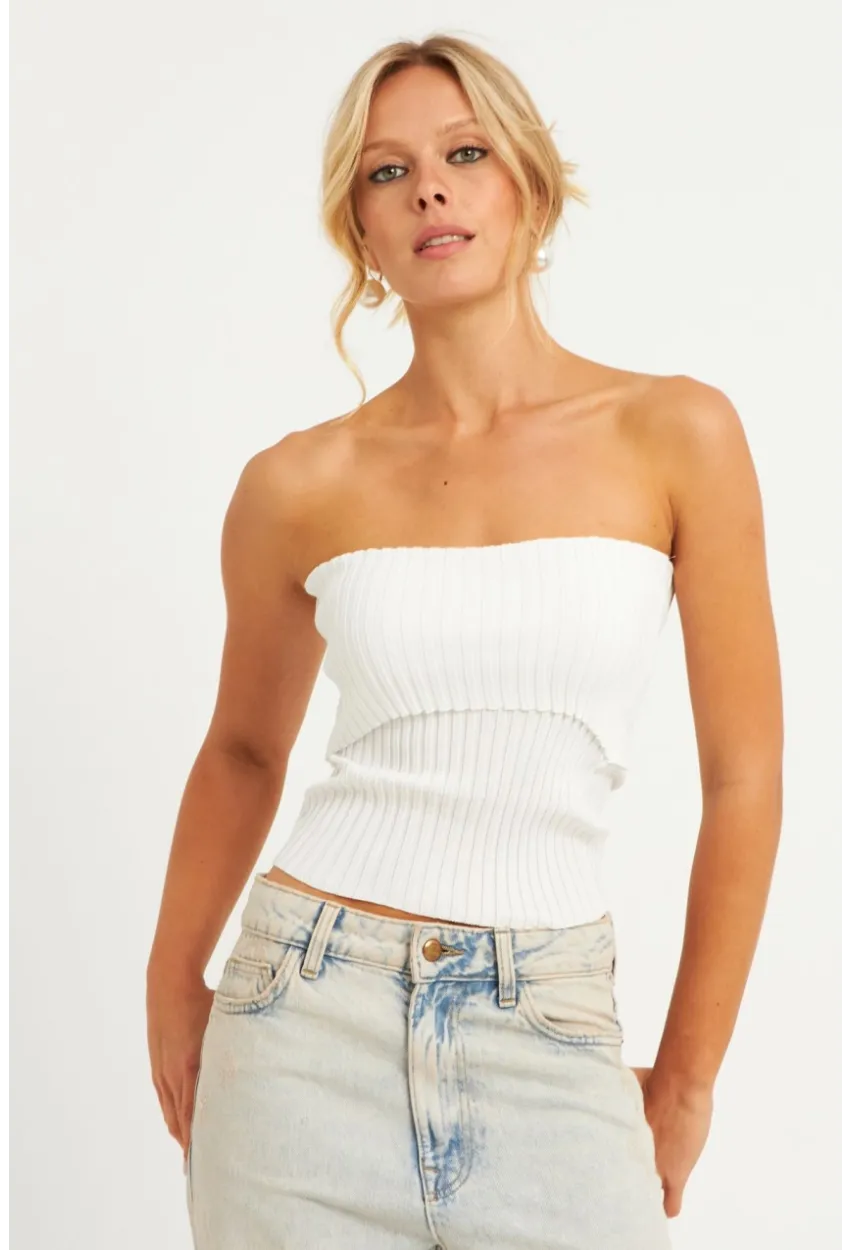 Kadın Beyaz Straplez Triko Bluz YV240