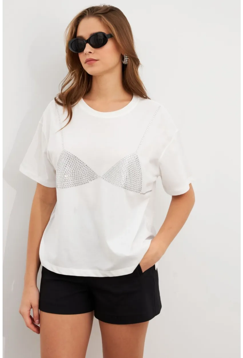 Kadın Beyaz Straslı Oversize T-Shirt TPG13