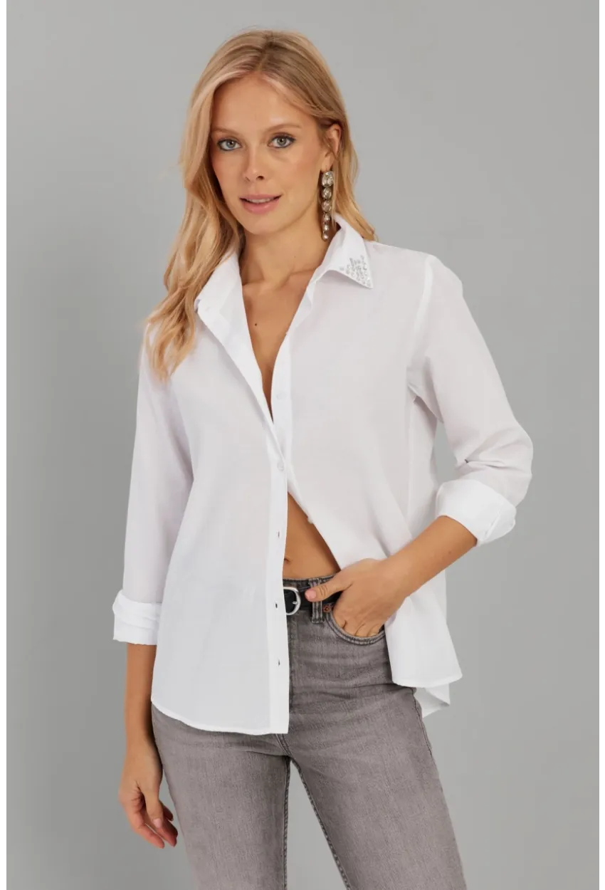 Kadın Beyaz Taş Detaylı Gömlek ZER402