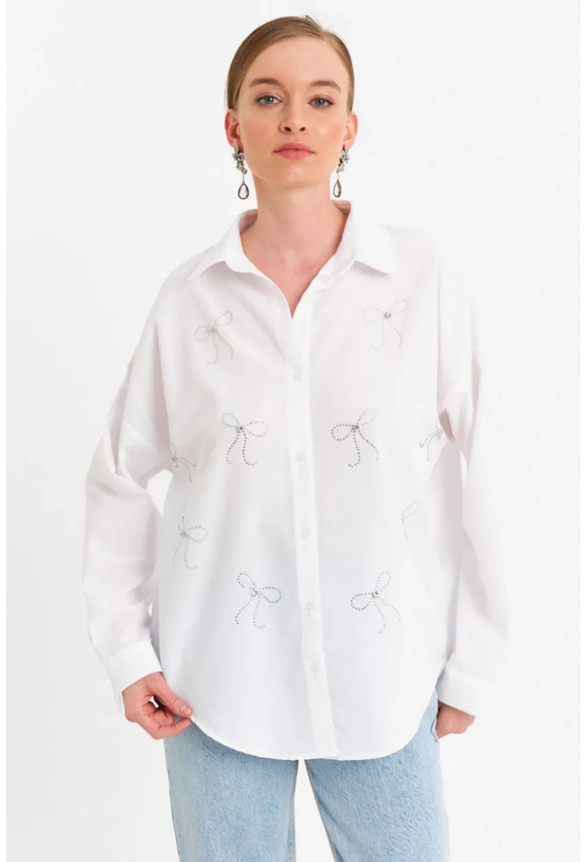 Kadın Beyaz Taşlı Gömlek MZER426