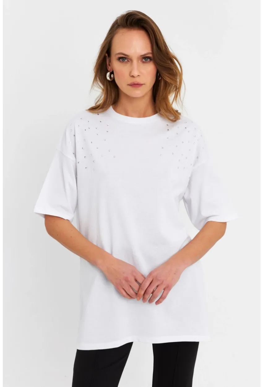 Kadın Beyaz Taşlı Salaş T-Shirt MTF0002