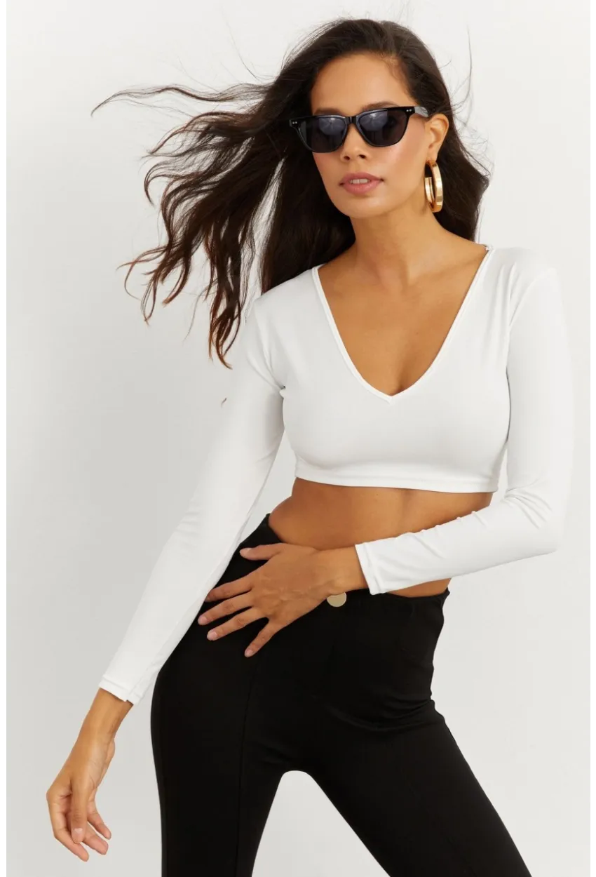 Kadın Beyaz V Yaka Crop Bluz CG265