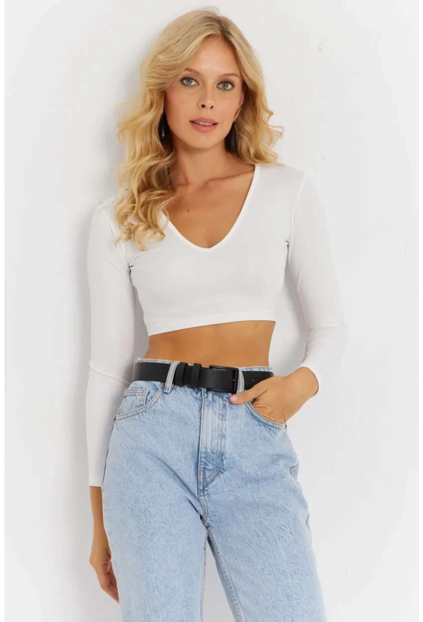 Kadın Beyaz V Yaka Crop Bluz CG368