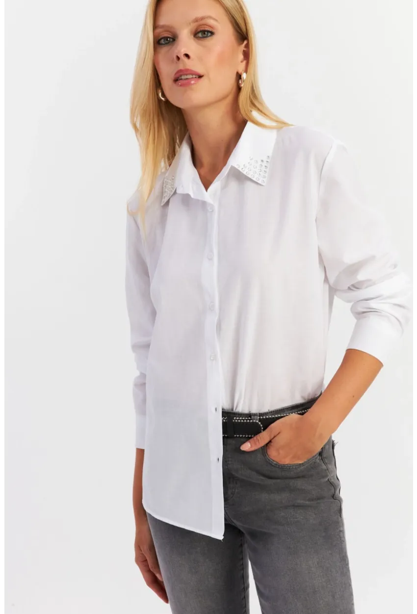 Kadın Beyaz Yakası Taşlı Gömlek ZER413