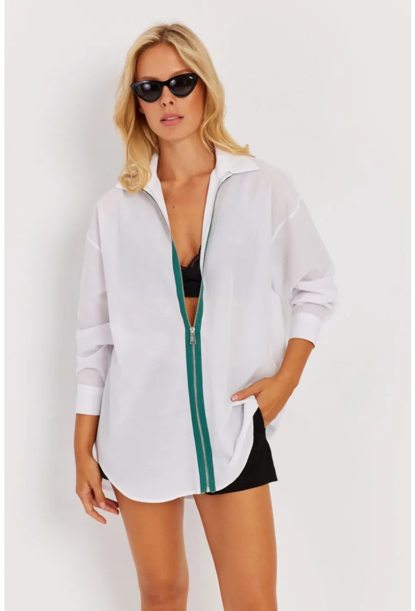 Kadın Beyaz Yeşil Fermuarlı Uzun Gömlek SF1317