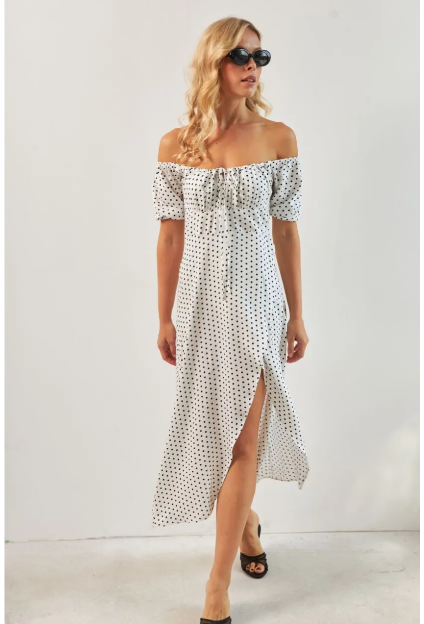 Kadın Beyaz Yırtmaçlı Desenli Midi Elbise KED0243