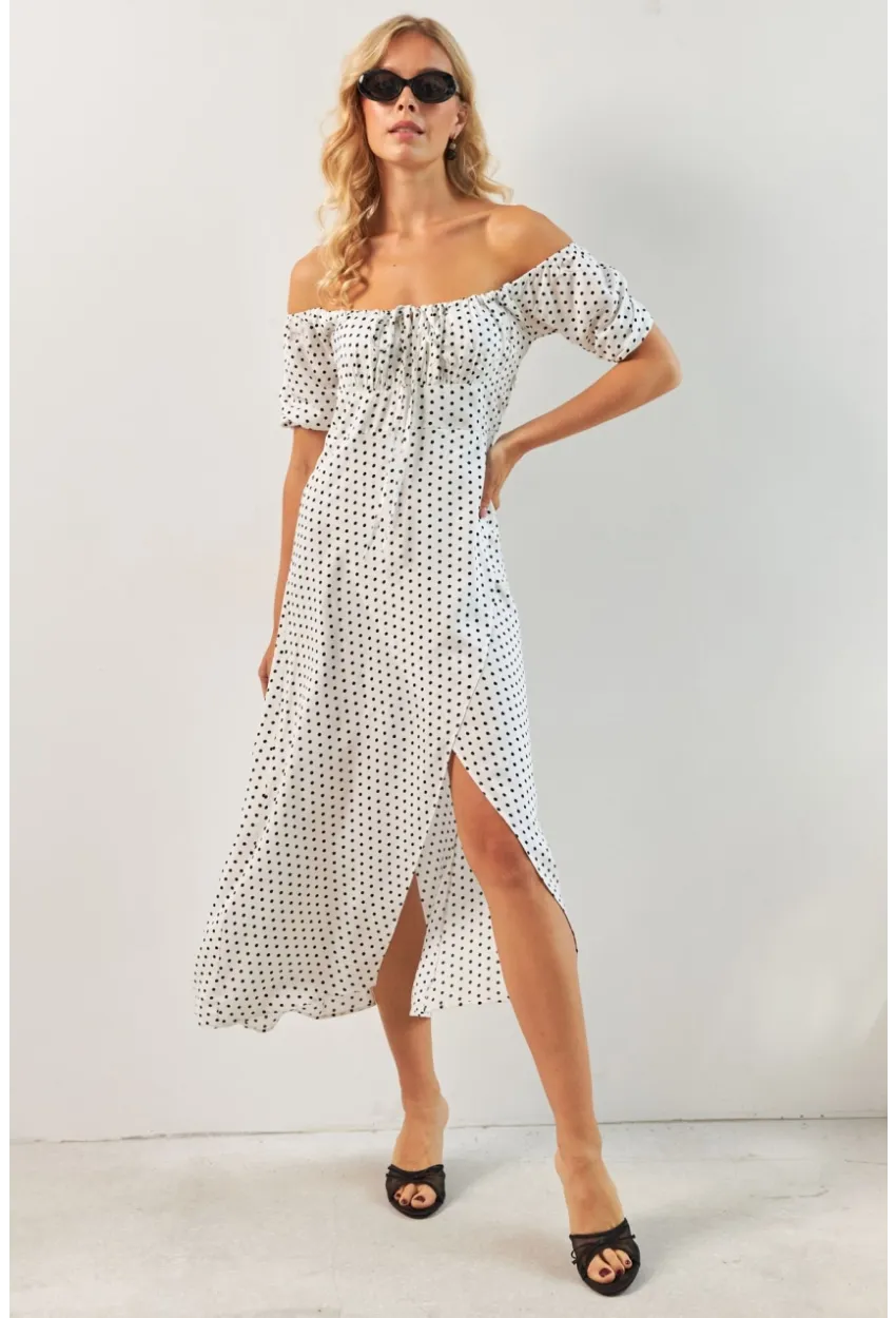 Kadın Beyaz Yırtmaçlı Desenli Midi Elbise KED0243