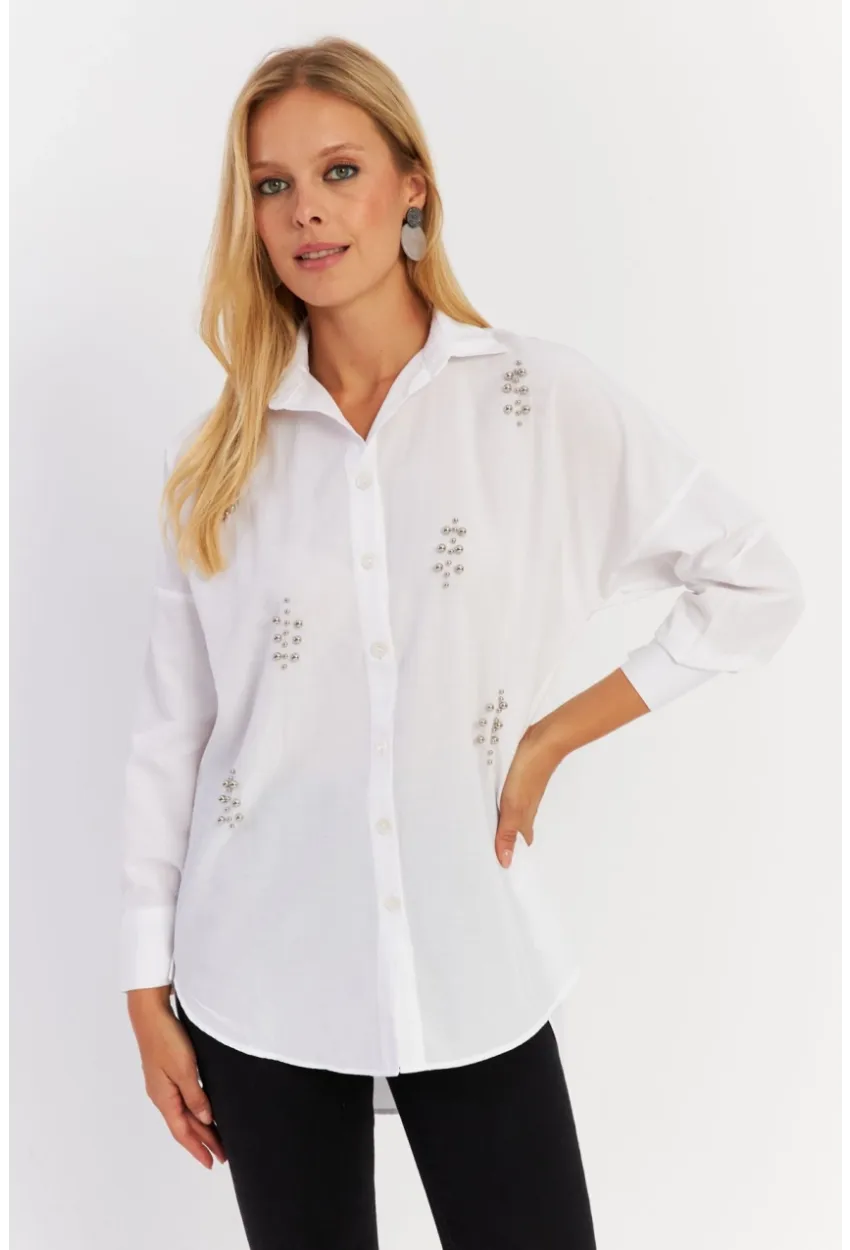 Kadın Beyaz Zımbalı Gömlek MASF1