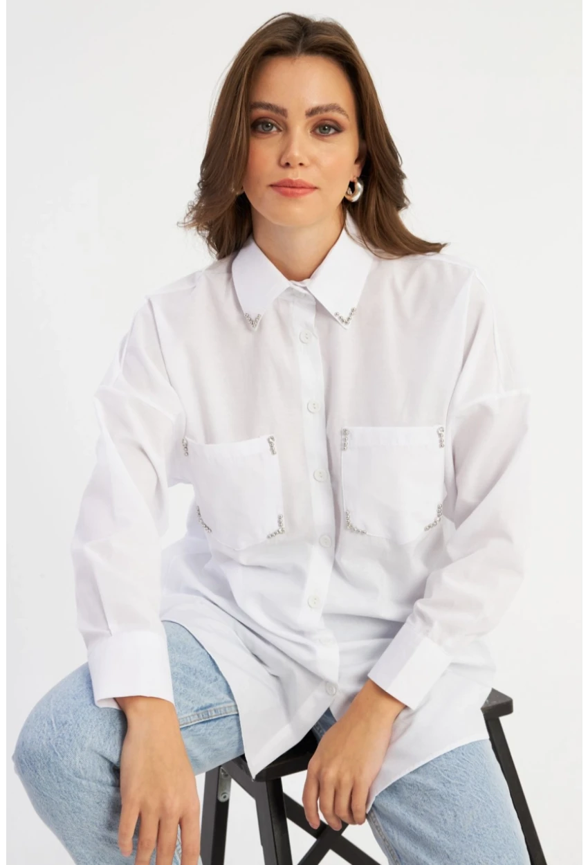 Kadın Beyaz Zımbalı Gömlek MASF2