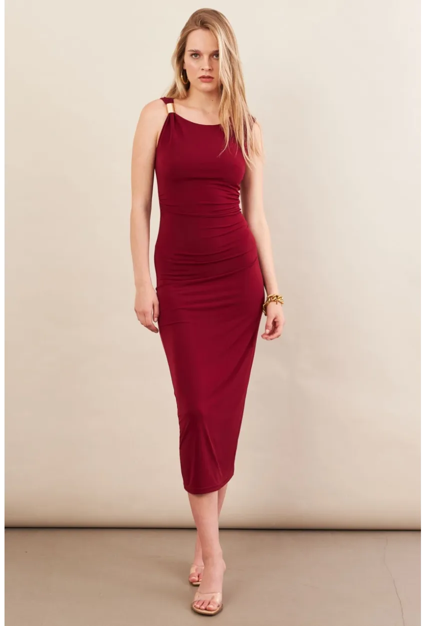 Kadın Bordo Aksesuarlı Büzgülü Midi Elbise İRE102