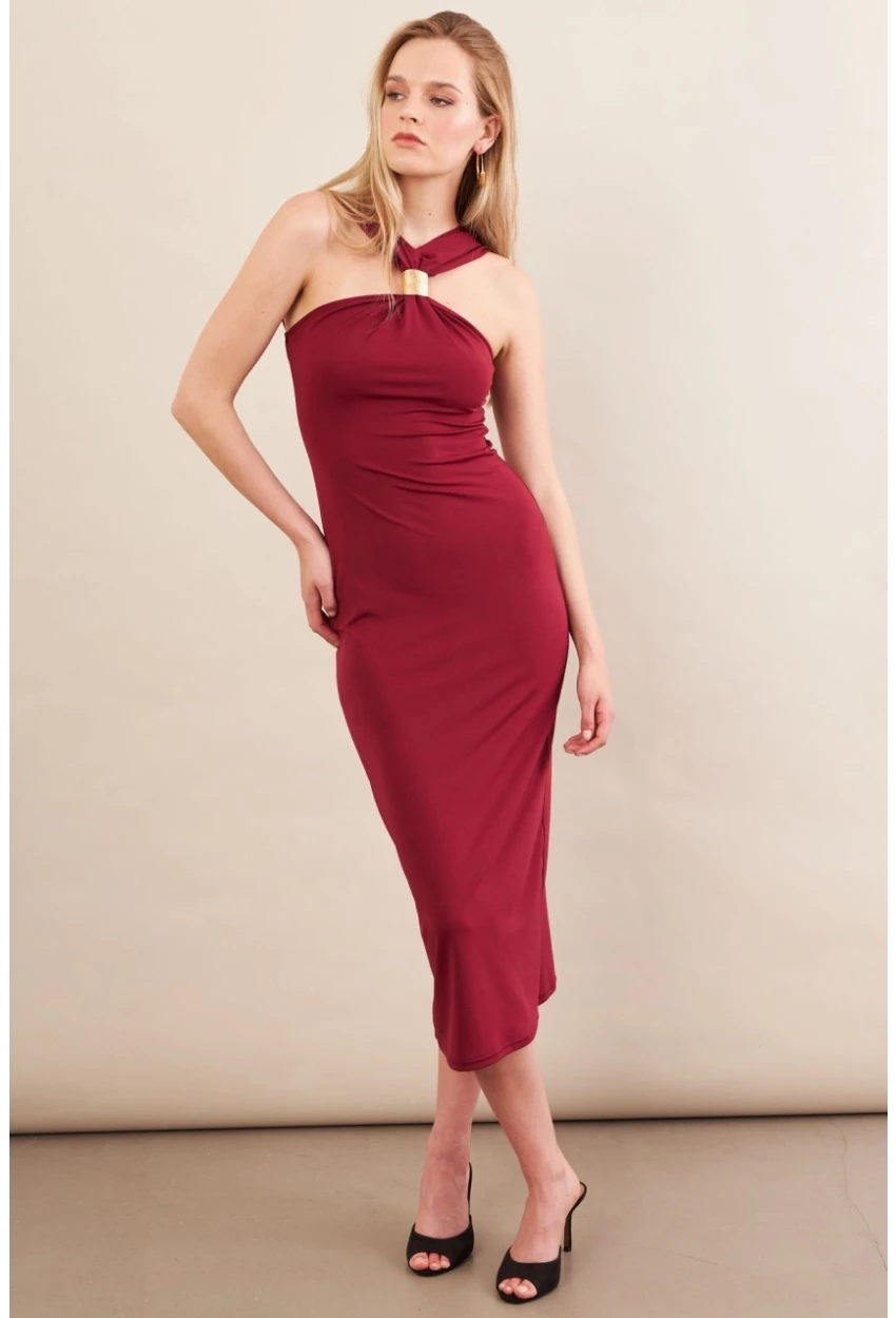 Kadın Bordo Aksesuarlı Midi Elbise İRE101