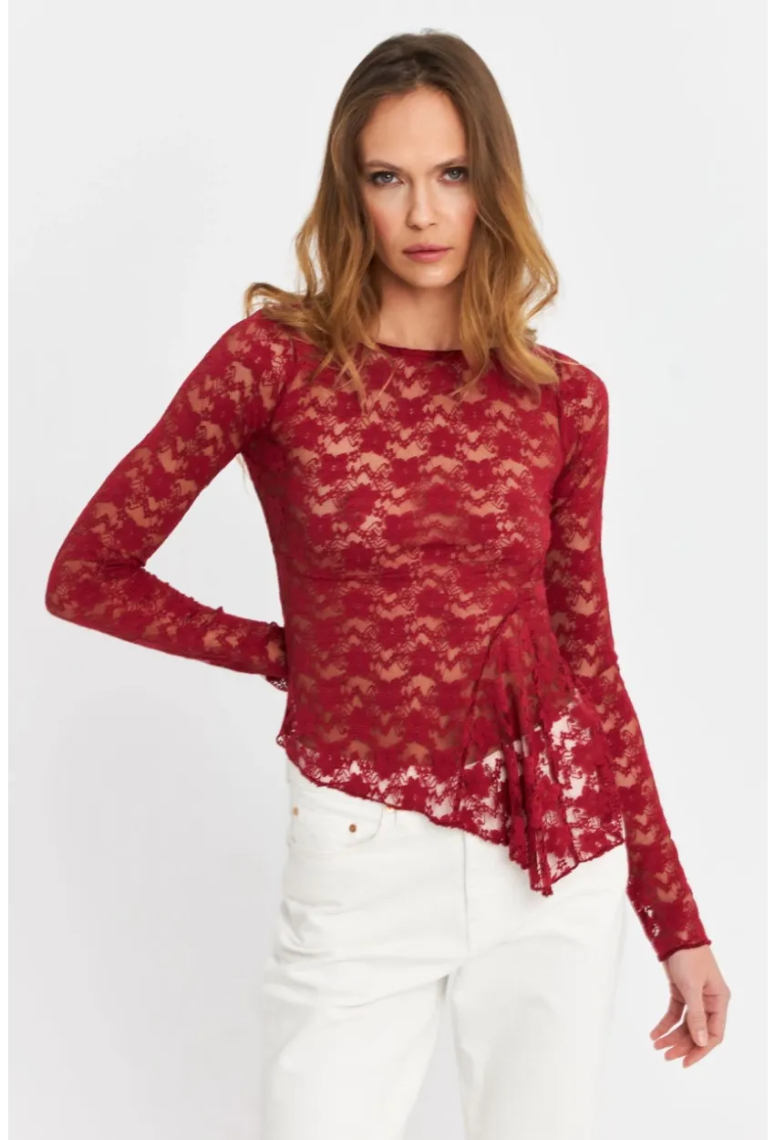 Kadın Bordo Asimetrik Dantel Bluz MTK13288