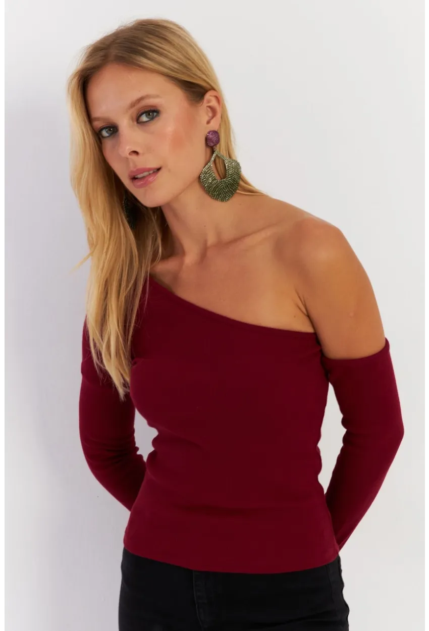 Kadın Bordo Asimetrik Kollu Kaşkorse Bluz HOR1