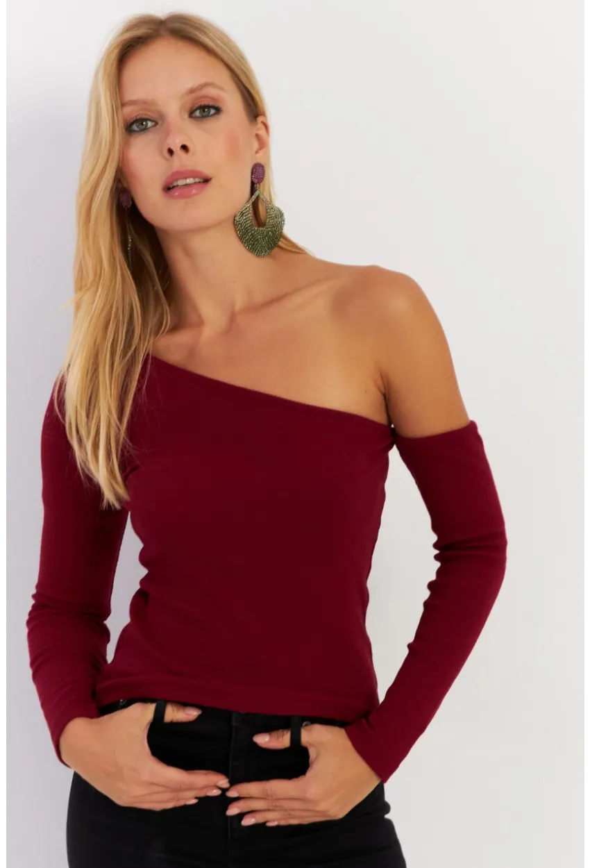 Kadın Bordo Asimetrik Kollu Kaşkorse Bluz HOR1