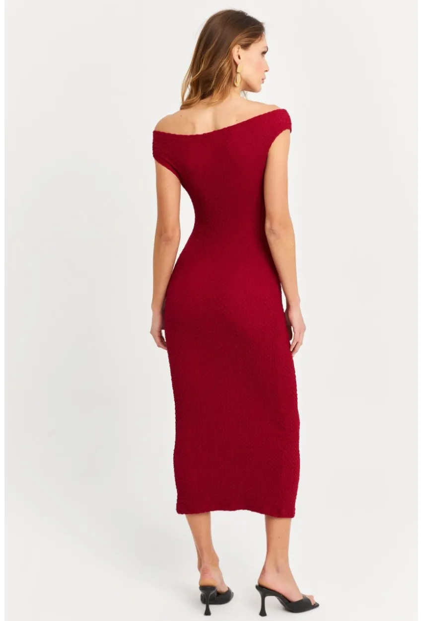 Kadın Bordo Asimetrik Yaka Gofre Midi Elbise MOD2358