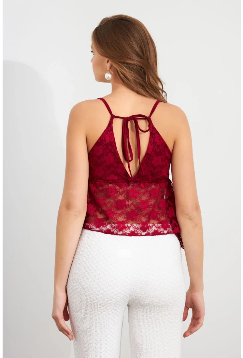 Kadın Bordo Askılı Dantel Crop Bluz MTK13458