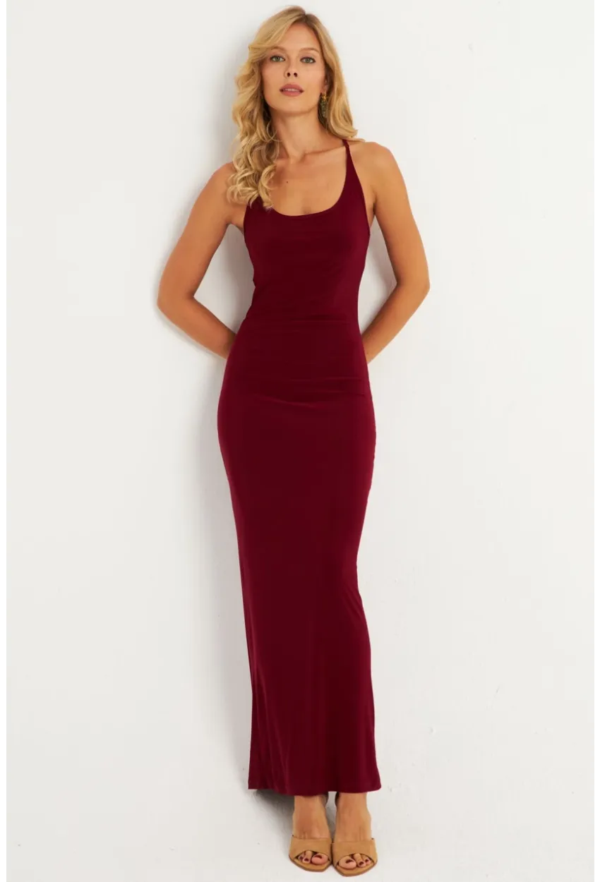 Kadın Bordo Ayarlanabilir Askılı Maxi Elbise MEN2004