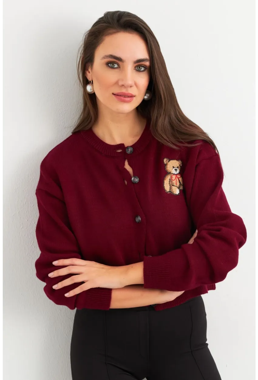 Kadın Bordo Ayıcıklı Hırka TEM99