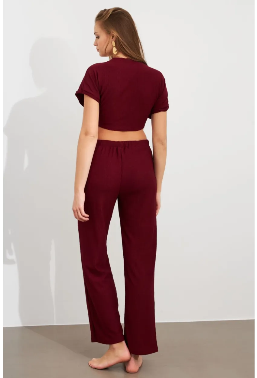 Kadın Bordo Bağlamalı Bürümcük Takım Q1012