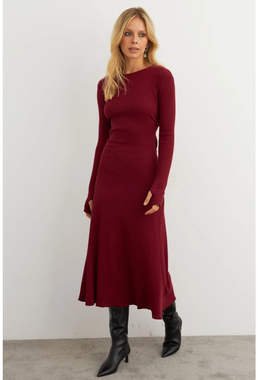 Kadın Bordo Bağlamalı Kaşkorse Midi Elbise MFRY2268