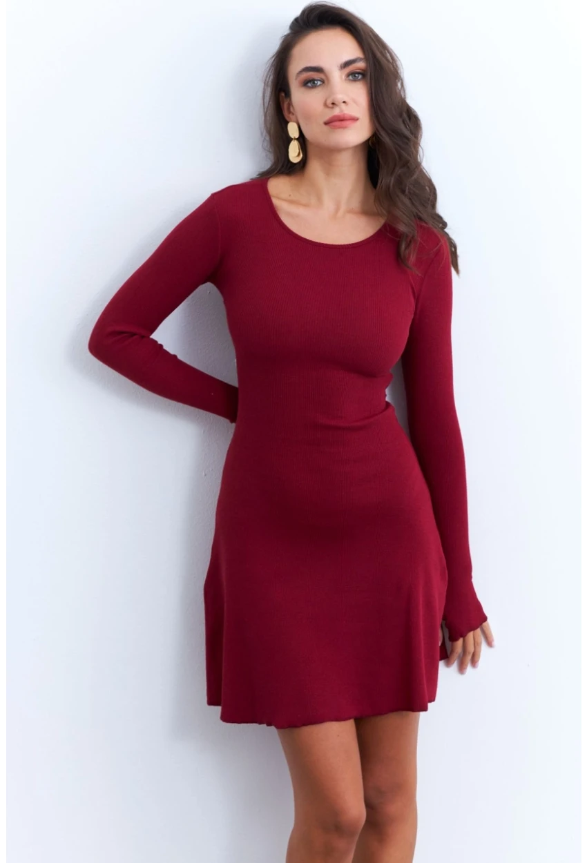 Kadın Bordo Bağlamalı Kaşkorse Mini Elbise FRY2175