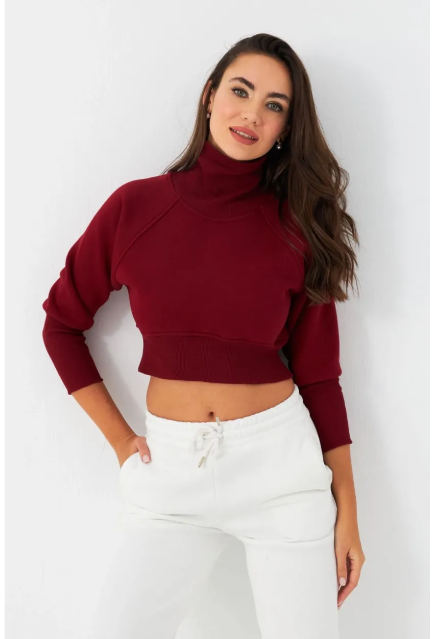 Kadın Bordo Balıkçı Crop Sweatshirt DY1469