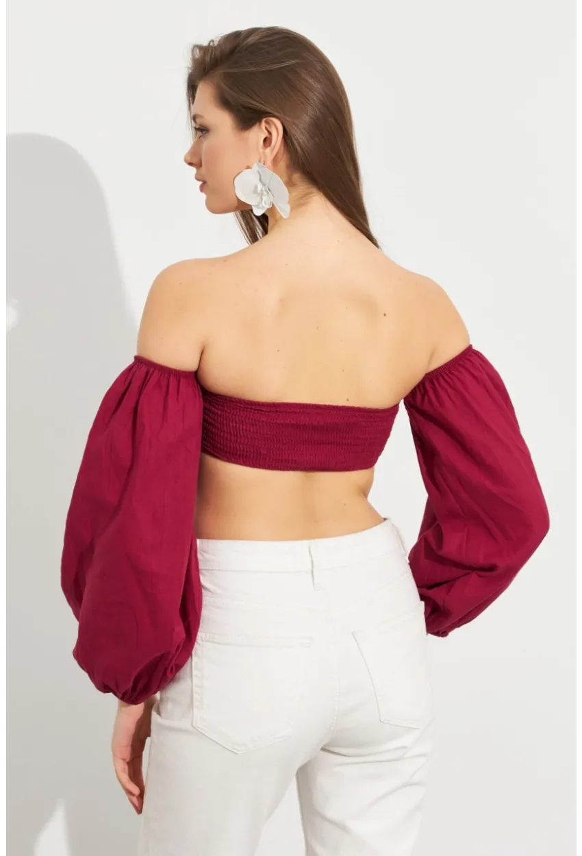 Kadın Bordo Balon Kol Crop Bluz ROP111