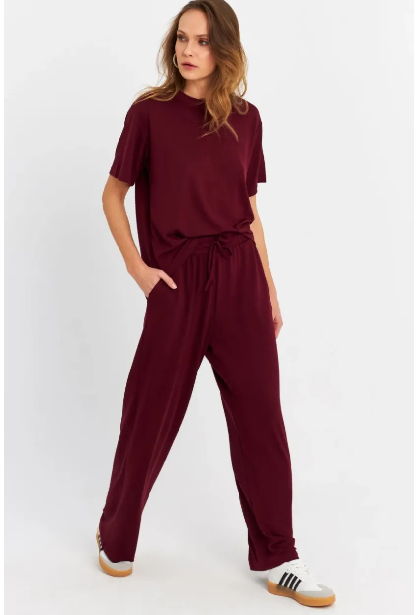 Kadın Bordo Basic Alt-Üst Pantolon Takım MRU6929