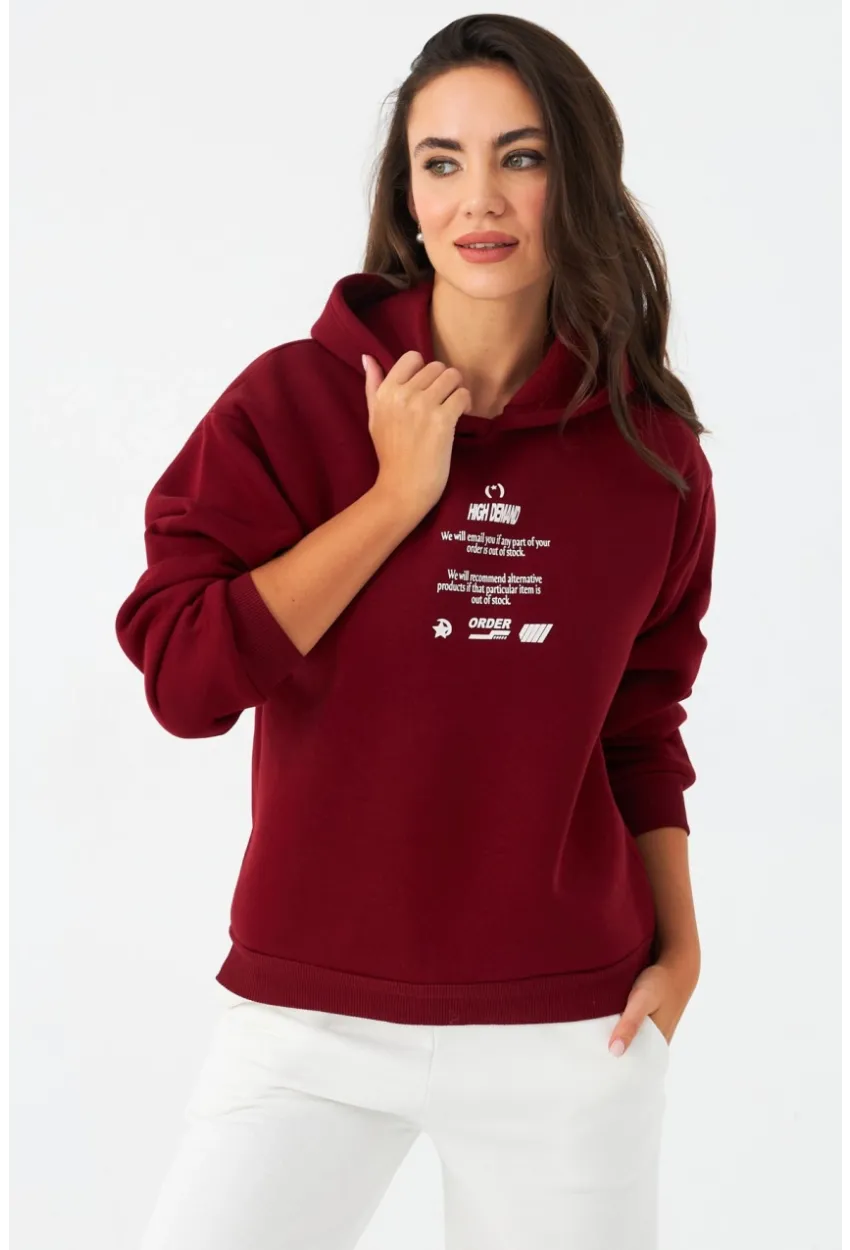 Kadın Bordo Baskılı Kapüşonlu Sweatshirt DY1451