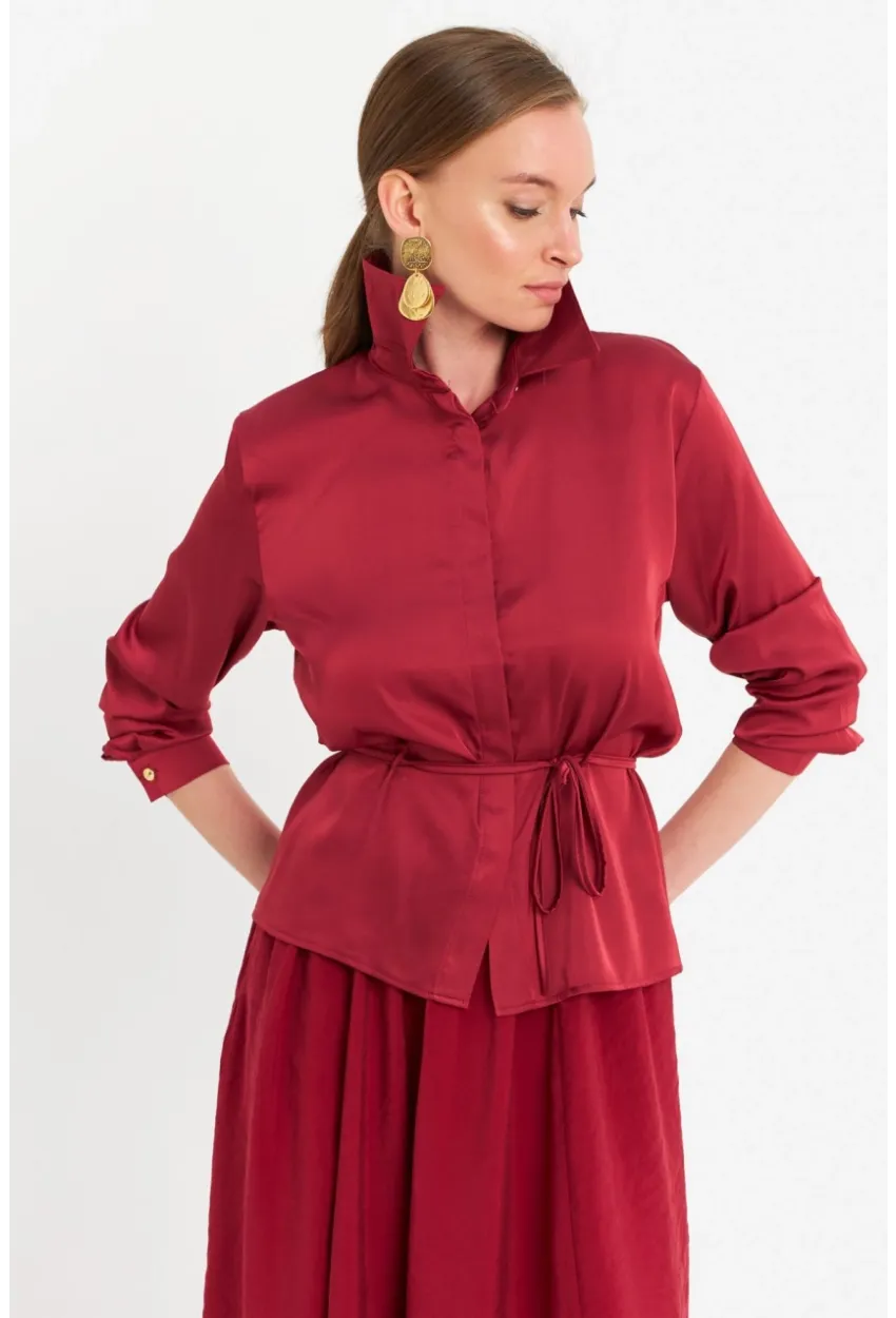 Kadın Bordo Beli Bağlamalı Saten Gömlek MMRS4212
