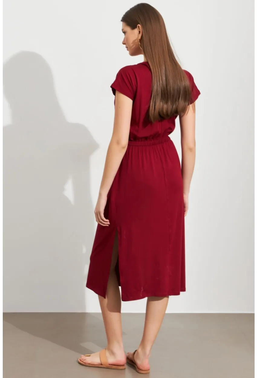 Kadın Bordo Beli Büzülebilir Midi Elbise MURO1193