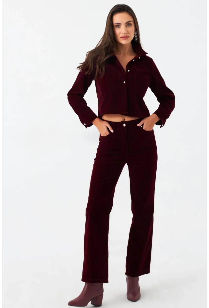 Kadın Bordo Beli Lastikli Kadife Pantolon CAR1076