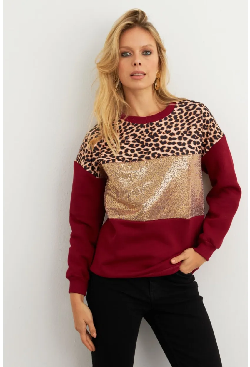Kadın Bordo Bloklu Sweatshirt MST098