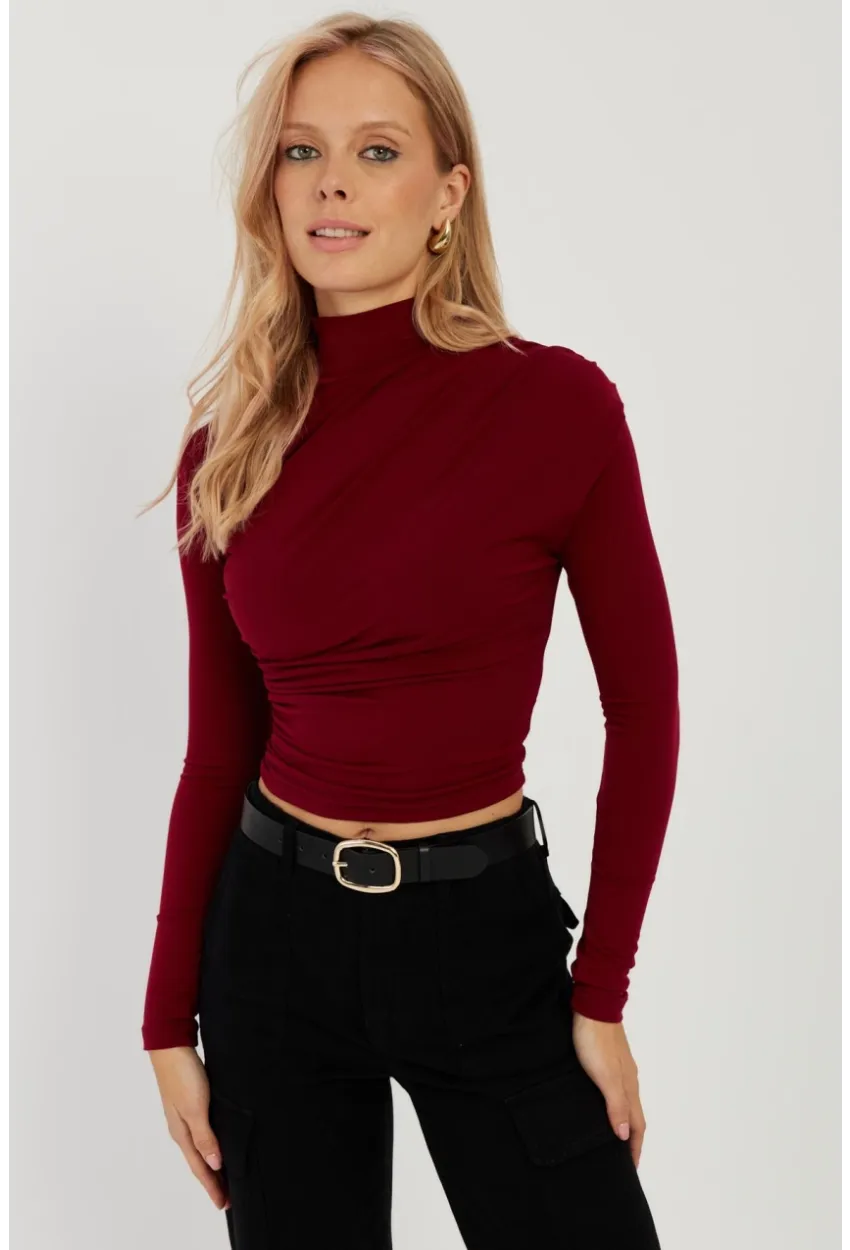 Kadın Bordo Büzgülü Kısa Bluz MEN2023-90