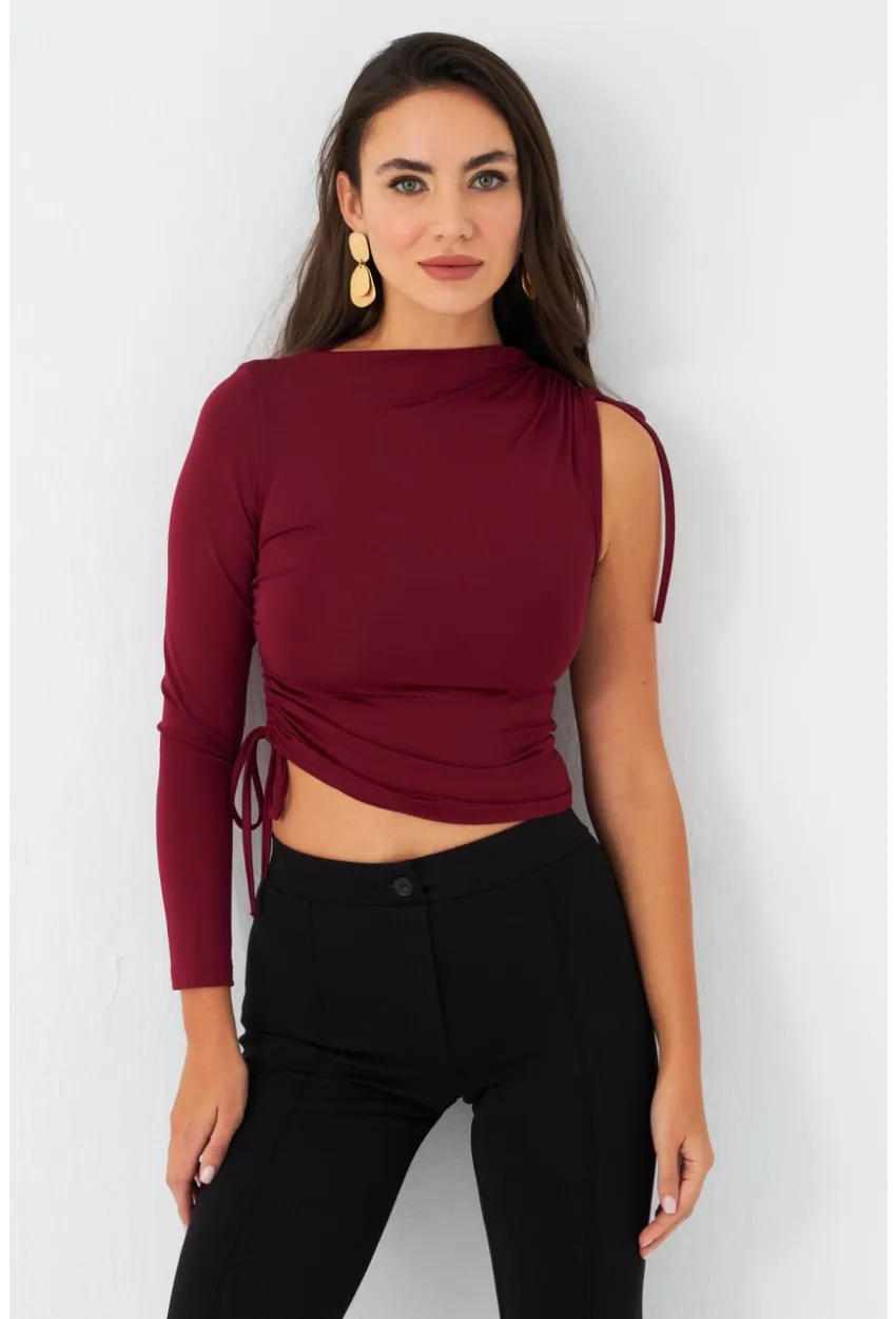 Kadın Bordo Büzülebilir Tek Kol Bluz CG390