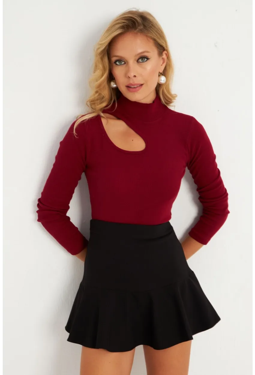 Kadın Bordo Çapraz Yaka Yarım Balıkçı Bluz B1404