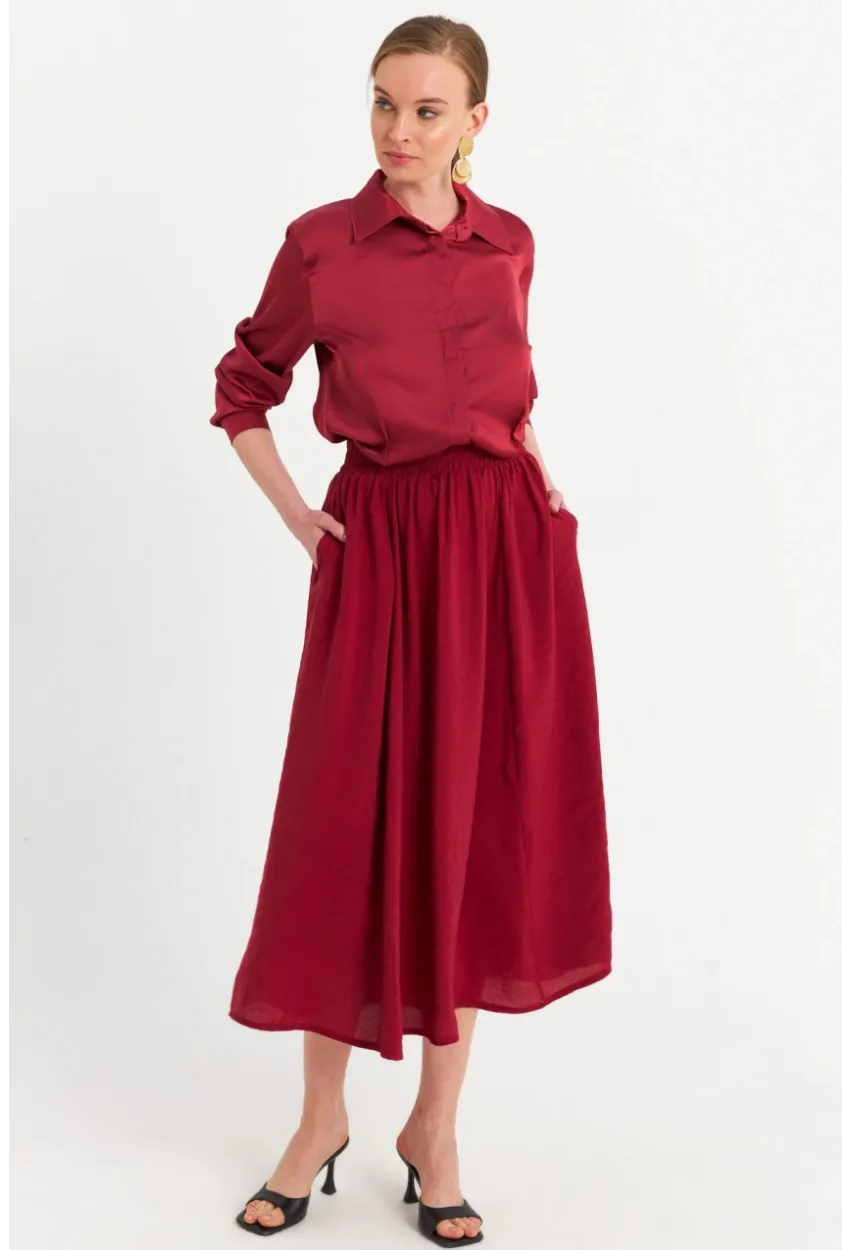 Kadın Bordo Cepli Midi Etek MSH20194