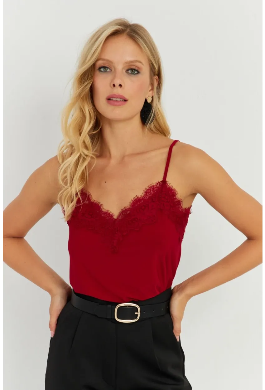 Kadın Bordo Dantel Detaylı Atlet AYD265