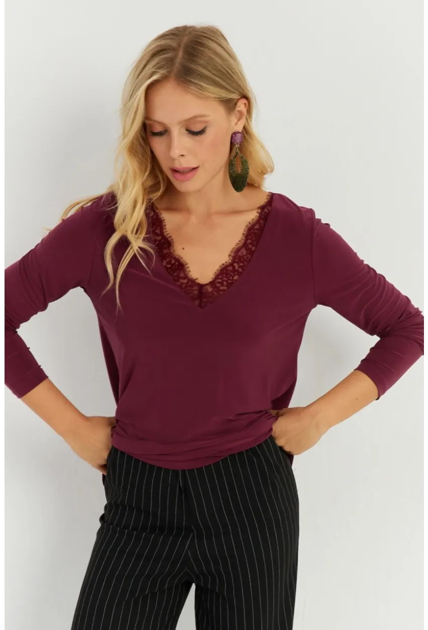 Kadın Bordo Dantel Detaylı Bluz AYD264