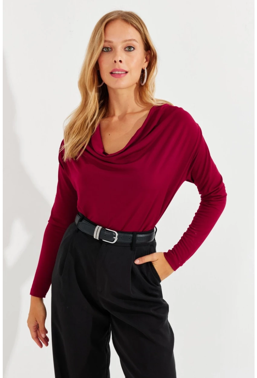 Kadın Bordo Degaje Yaka Bluz LPP1234