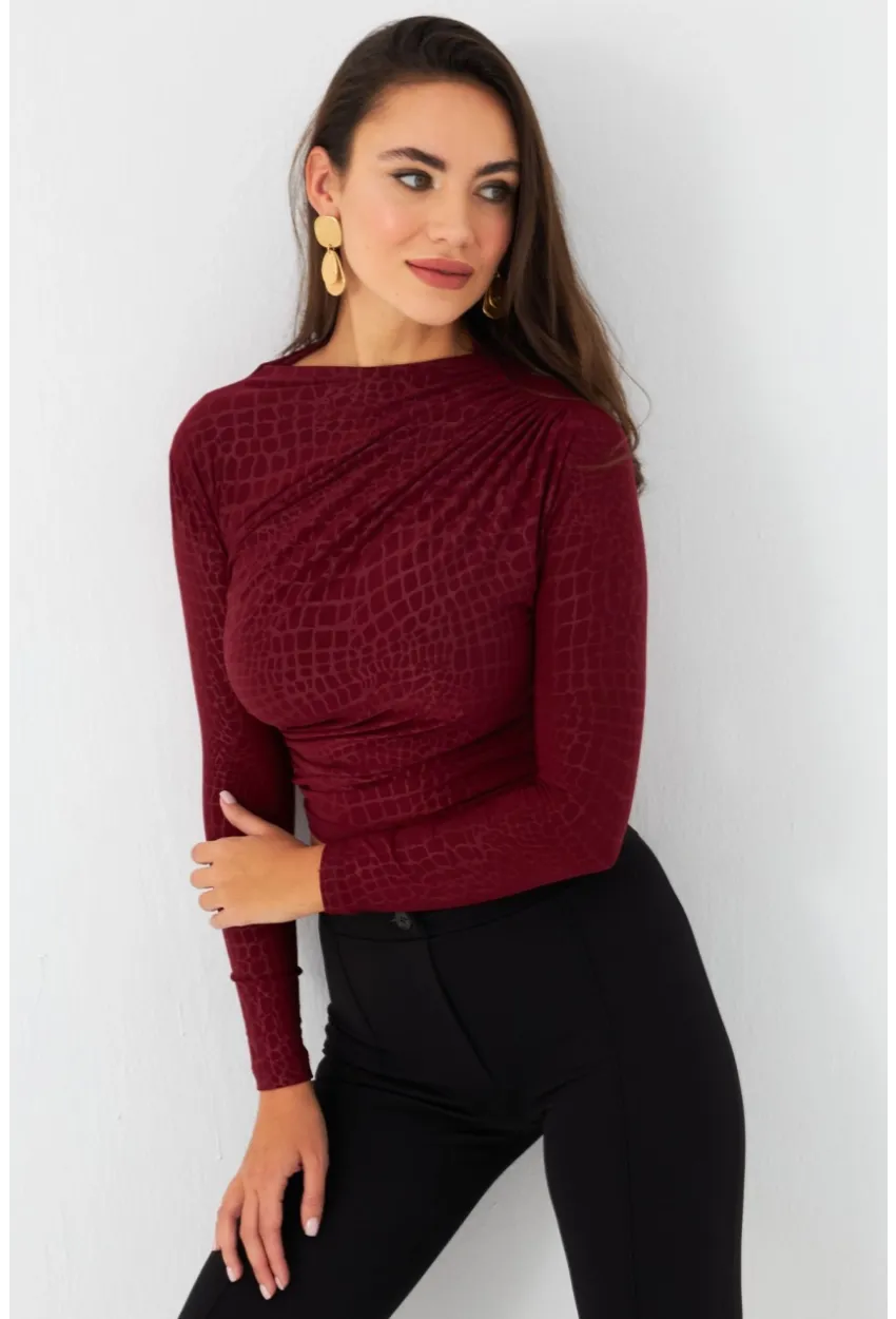 Kadın Bordo Desenli Büzgülü Bluz LPP1279