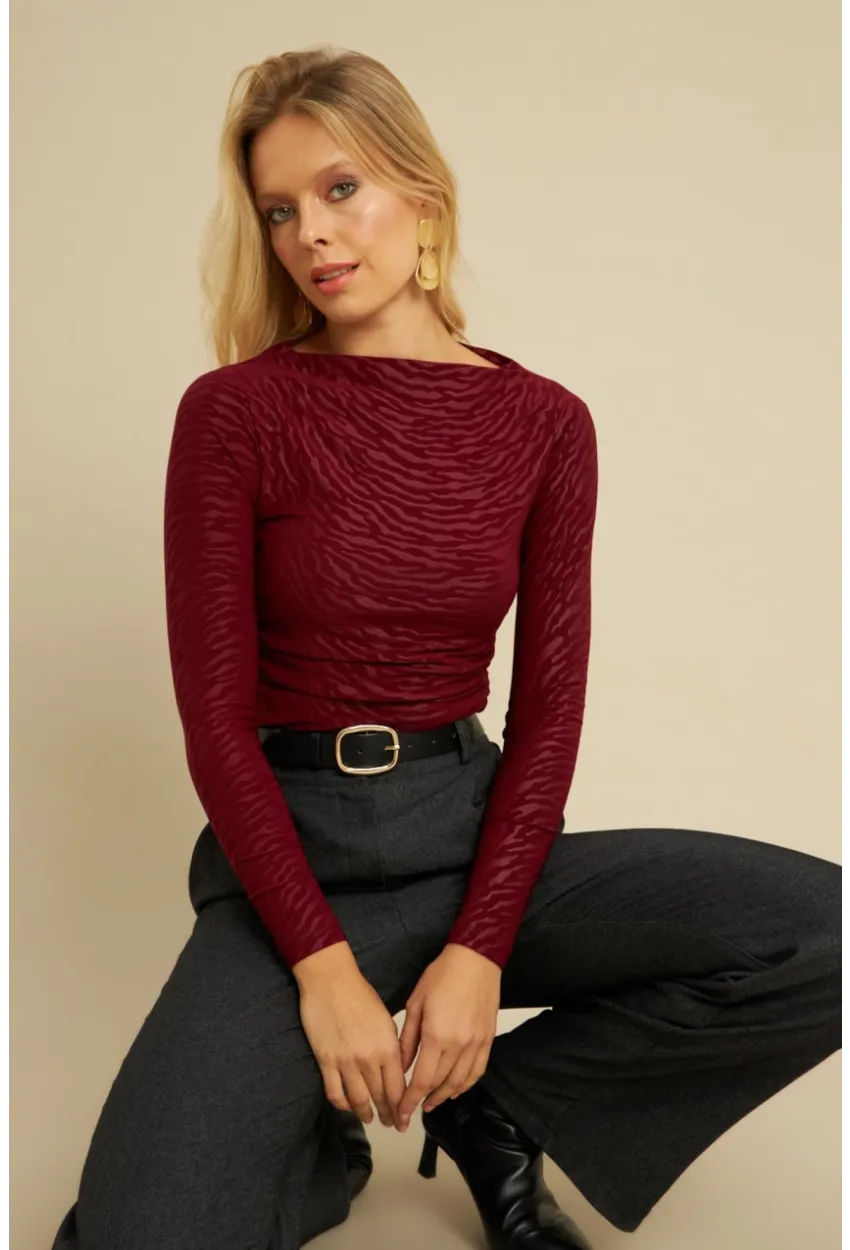 Kadın Bordo Desenli Büzgülü Bluz LPP1298