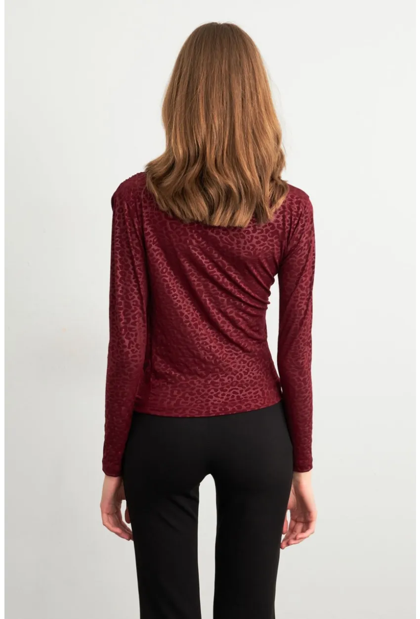 Kadın Bordo Desenli Büzgülü Bluz LPP1299