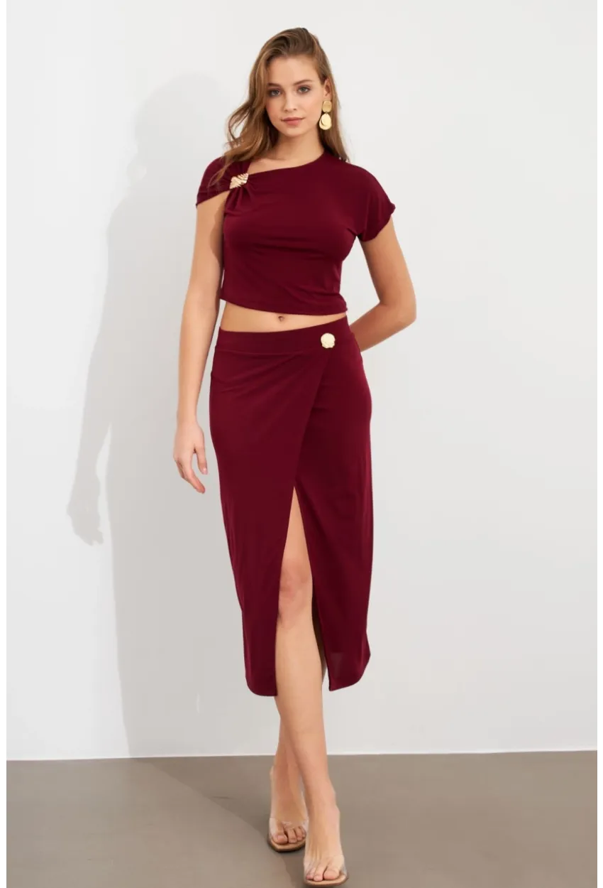Kadın Bordo Dore Aksesuarlı İkili Takım UG7112