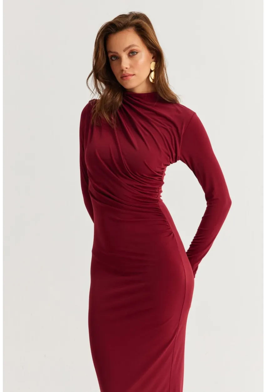 Kadın Bordo Drape Maxi Elbise DMR377