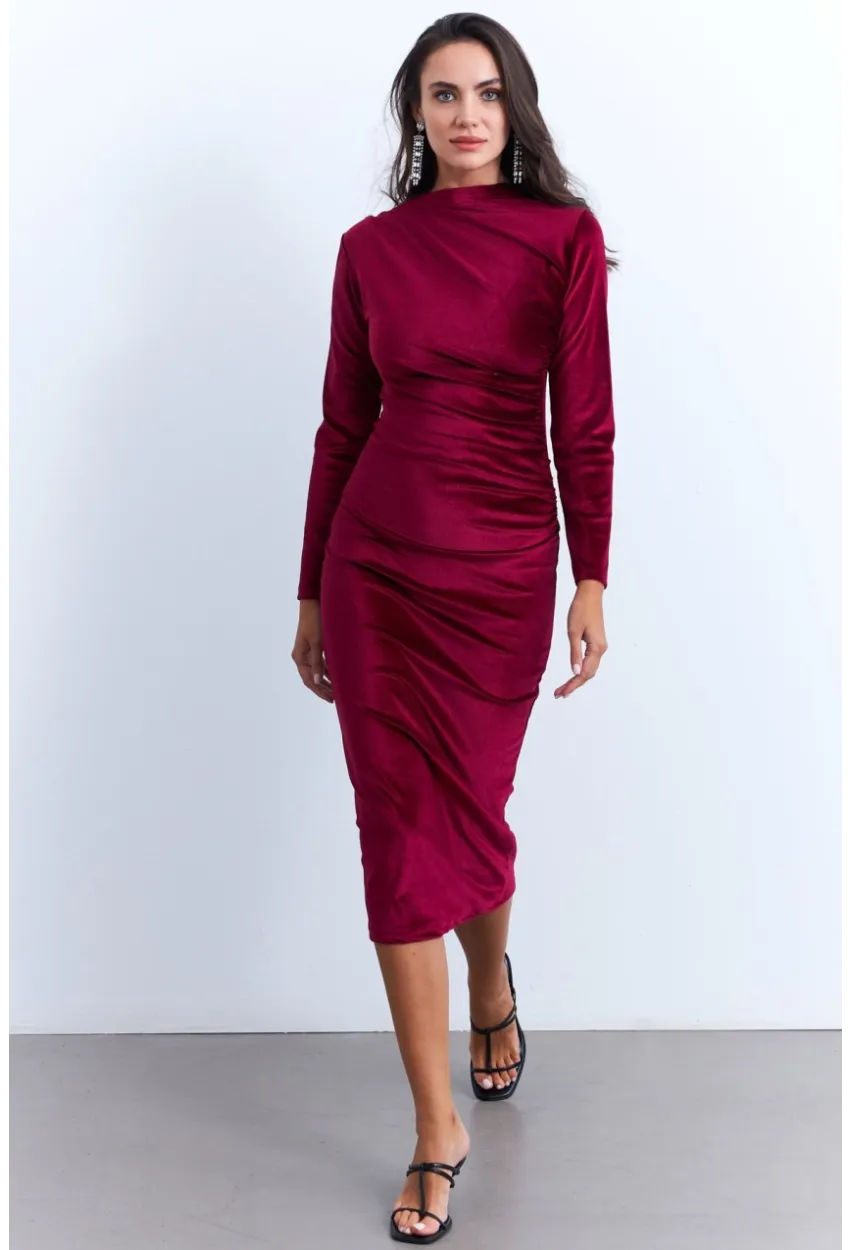 Kadın Bordo Drapeli Midi Elbise MON1113